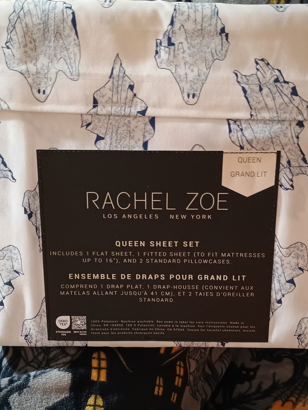 NWTS Rachel Zoe Queen Sheet Set Toile Halloween Ghosts Viral Blue /White
